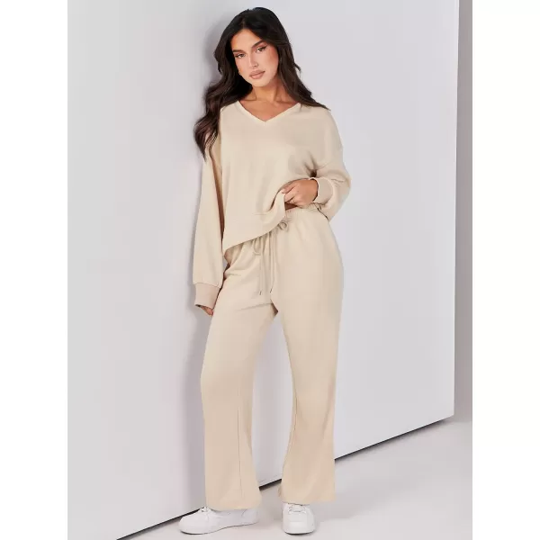 Caracilia Women's Two Piece Outfits Matching Sets Long Sleeve Pullover Tops and Wide Leg Pants Tracksuit Lounge Sets