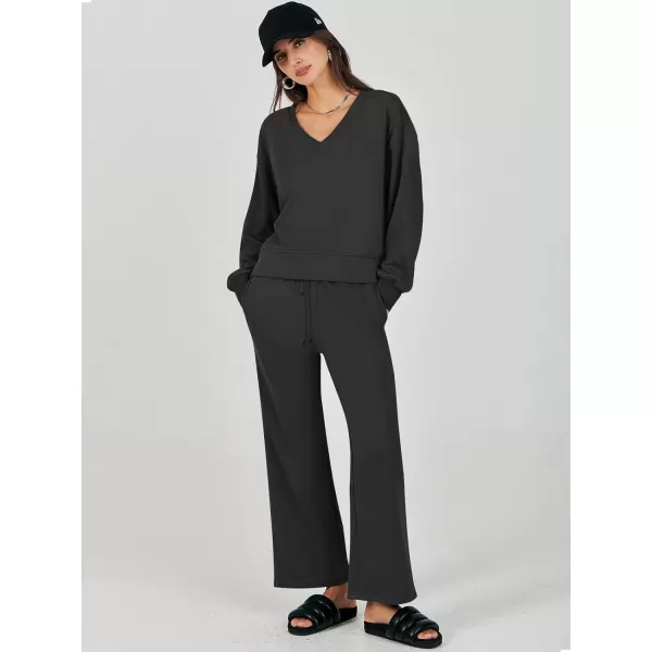 Caracilia Women's Two Piece Outfits Matching Sets Long Sleeve Pullover Tops and Wide Leg Pants Tracksuit Lounge Sets