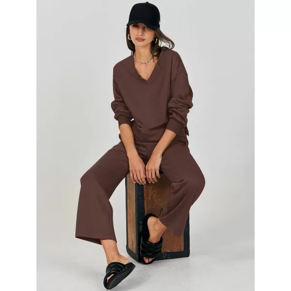 Caracilia Women's Two Piece Outfits Matching Sets Long Sleeve Pullover Tops and Wide Leg Pants Tracksuit Lounge Sets