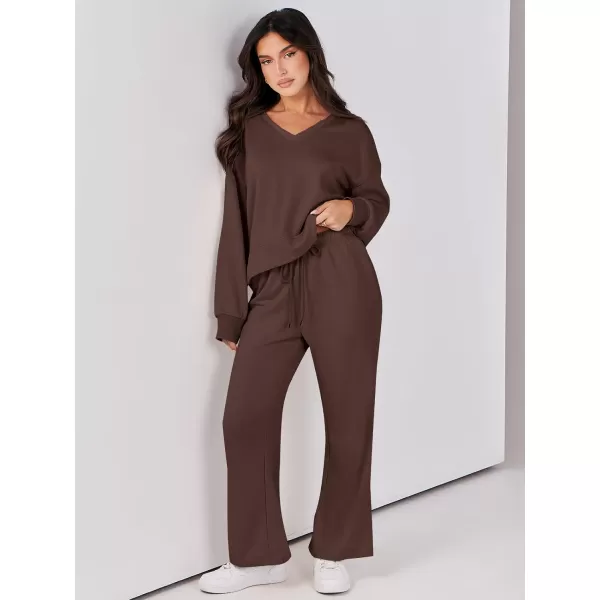 Caracilia Women's Two Piece Outfits Matching Sets Long Sleeve Pullover Tops and Wide Leg Pants Tracksuit Lounge Sets