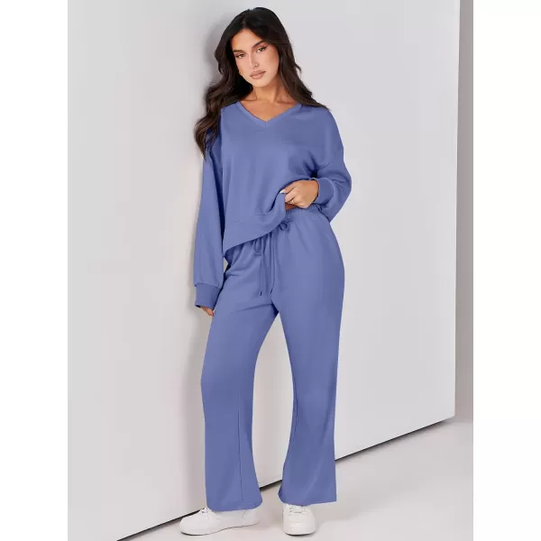 Caracilia Women's Two Piece Outfits Matching Sets Long Sleeve Pullover Tops and Wide Leg Pants Tracksuit Lounge Sets