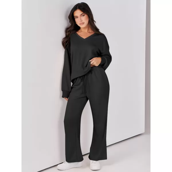 Caracilia Women's Two Piece Outfits Matching Sets Long Sleeve Pullover Tops and Wide Leg Pants Tracksuit Lounge Sets
