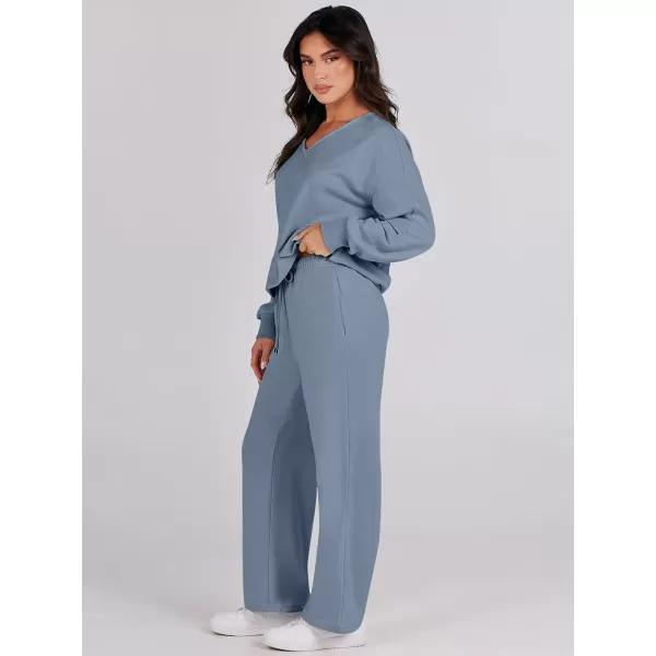 Caracilia Women's Two Piece Outfits Matching Sets Long Sleeve Pullover Tops and Wide Leg Pants Tracksuit Lounge Sets