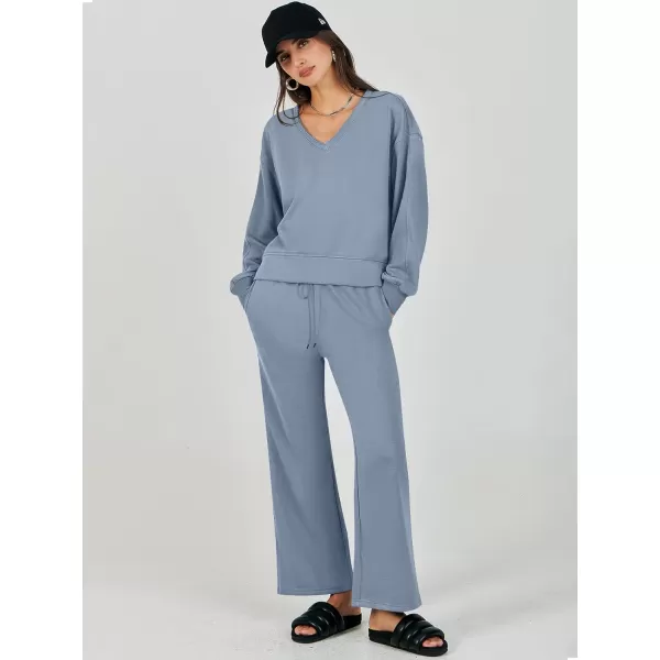 Caracilia Women's Two Piece Outfits Matching Sets Long Sleeve Pullover Tops and Wide Leg Pants Tracksuit Lounge Sets