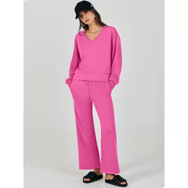 Caracilia Women's Two Piece Outfits Matching Sets Long Sleeve Pullover Tops and Wide Leg Pants Tracksuit Lounge Sets