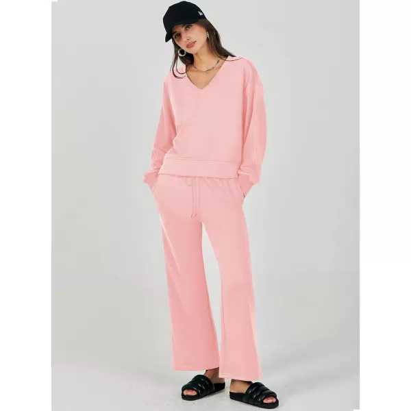 Caracilia Women's Two Piece Outfits Matching Sets Long Sleeve Pullover Tops and Wide Leg Pants Tracksuit Lounge Sets