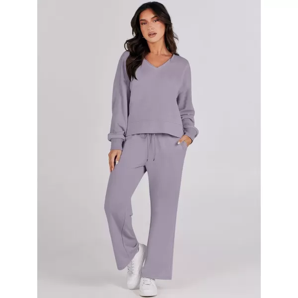 Caracilia Women's Two Piece Outfits Matching Sets Long Sleeve Pullover Tops and Wide Leg Pants Tracksuit Lounge Sets