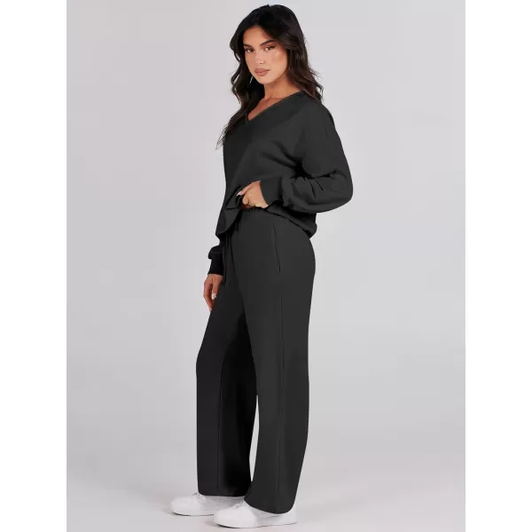 Caracilia Women's Two Piece Outfits Matching Sets Long Sleeve Pullover Tops and Wide Leg Pants Tracksuit Lounge Sets