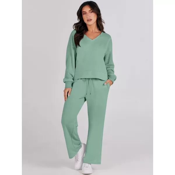 Caracilia Women's Two Piece Outfits Matching Sets Long Sleeve Pullover Tops and Wide Leg Pants Tracksuit Lounge Sets