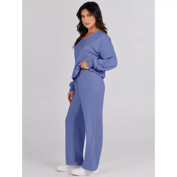 Caracilia Women's Two Piece Outfits Matching Sets Long Sleeve Pullover Tops and Wide Leg Pants Tracksuit Lounge Sets
