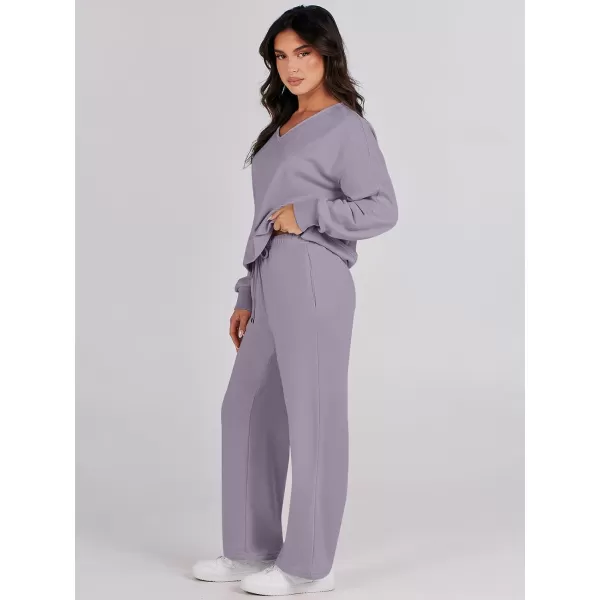 Caracilia Women's Two Piece Outfits Matching Sets Long Sleeve Pullover Tops and Wide Leg Pants Tracksuit Lounge Sets