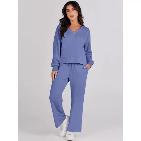 Caracilia Women's Two Piece Outfits Matching Sets Long Sleeve Pullover Tops and Wide Leg Pants Tracksuit Lounge Sets