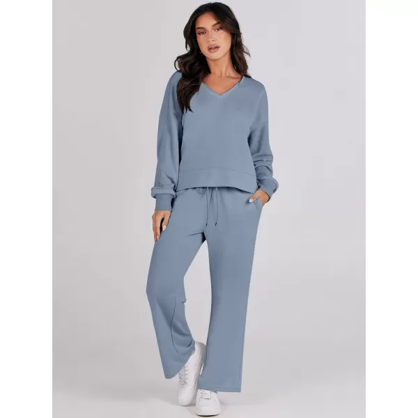 Caracilia Women's Two Piece Outfits Matching Sets Long Sleeve Pullover Tops and Wide Leg Pants Tracksuit Lounge Sets
