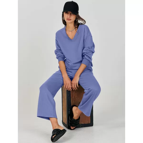 Caracilia Women's Two Piece Outfits Matching Sets Long Sleeve Pullover Tops and Wide Leg Pants Tracksuit Lounge Sets