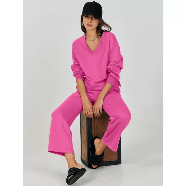 Caracilia Women's Two Piece Outfits Matching Sets Long Sleeve Pullover Tops and Wide Leg Pants Tracksuit Lounge Sets