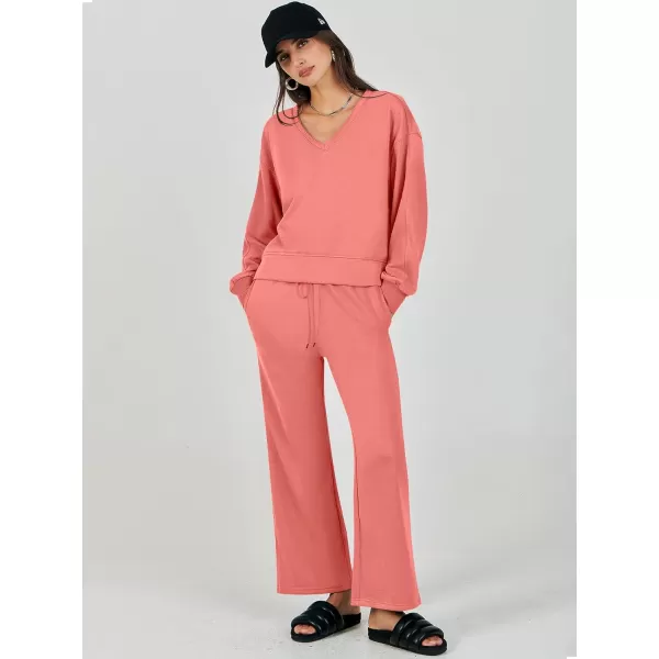 Caracilia Women's Two Piece Outfits Matching Sets Long Sleeve Pullover Tops and Wide Leg Pants Tracksuit Lounge Sets