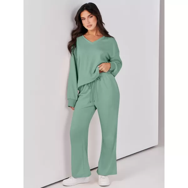Caracilia Women's Two Piece Outfits Matching Sets Long Sleeve Pullover Tops and Wide Leg Pants Tracksuit Lounge Sets