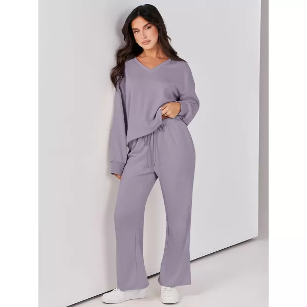 Caracilia Women's Two Piece Outfits Matching Sets Long Sleeve Pullover Tops and Wide Leg Pants Tracksuit Lounge Sets
