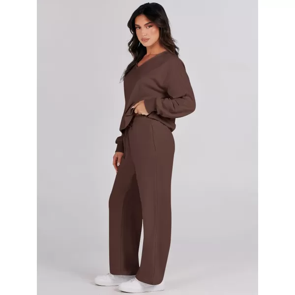 Caracilia Women's Two Piece Outfits Matching Sets Long Sleeve Pullover Tops and Wide Leg Pants Tracksuit Lounge Sets