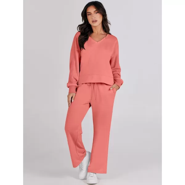 Caracilia Women's Two Piece Outfits Matching Sets Long Sleeve Pullover Tops and Wide Leg Pants Tracksuit Lounge Sets
