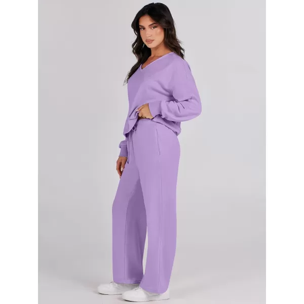 Caracilia Women's Two Piece Outfits Matching Sets Long Sleeve Pullover Tops and Wide Leg Pants Tracksuit Lounge Sets
