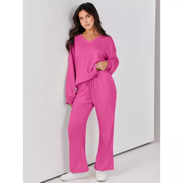 Caracilia Women's Two Piece Outfits Matching Sets Long Sleeve Pullover Tops and Wide Leg Pants Tracksuit Lounge Sets