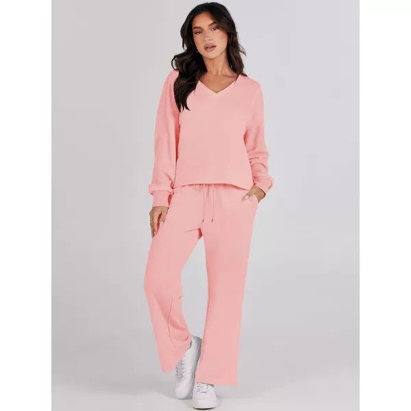 Caracilia Women's Two Piece Outfits Matching Sets Long Sleeve Pullover Tops and Wide Leg Pants Tracksuit Lounge Sets