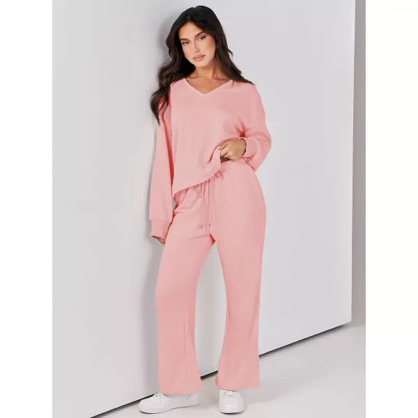 Caracilia Women's Two Piece Outfits Matching Sets Long Sleeve Pullover Tops and Wide Leg Pants Tracksuit Lounge Sets