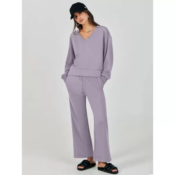 Caracilia Women's Two Piece Outfits Matching Sets Long Sleeve Pullover Tops and Wide Leg Pants Tracksuit Lounge Sets