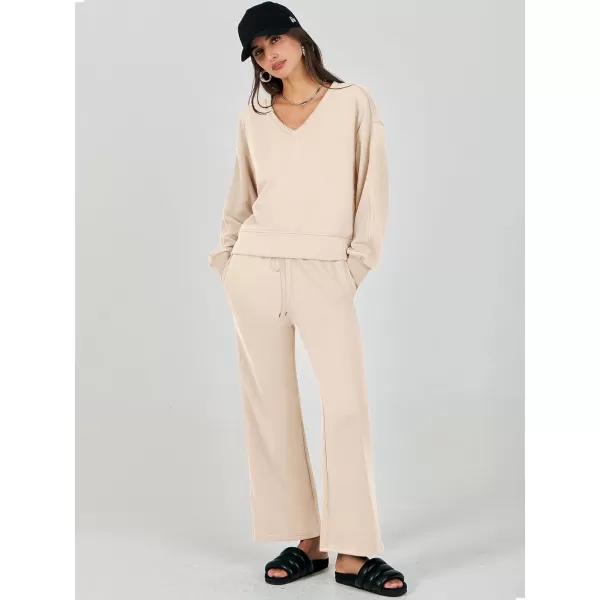 Caracilia Women's Two Piece Outfits Matching Sets Long Sleeve Pullover Tops and Wide Leg Pants Tracksuit Lounge Sets