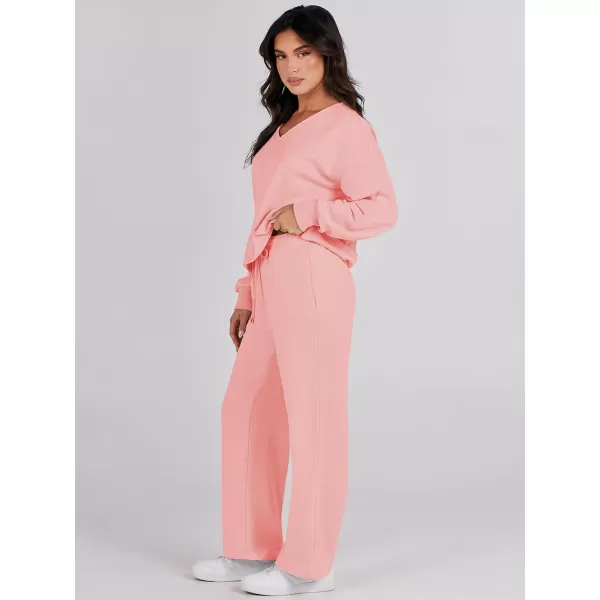 Caracilia Women's Two Piece Outfits Matching Sets Long Sleeve Pullover Tops and Wide Leg Pants Tracksuit Lounge Sets
