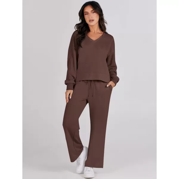 Caracilia Women's Two Piece Outfits Matching Sets Long Sleeve Pullover Tops and Wide Leg Pants Tracksuit Lounge Sets