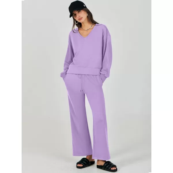 Caracilia Women's Two Piece Outfits Matching Sets Long Sleeve Pullover Tops and Wide Leg Pants Tracksuit Lounge Sets