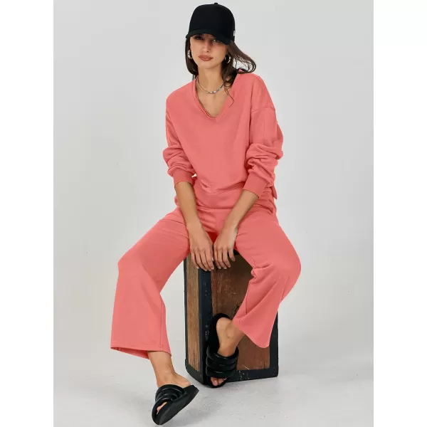 Caracilia Women's Two Piece Outfits Matching Sets Long Sleeve Pullover Tops and Wide Leg Pants Tracksuit Lounge Sets