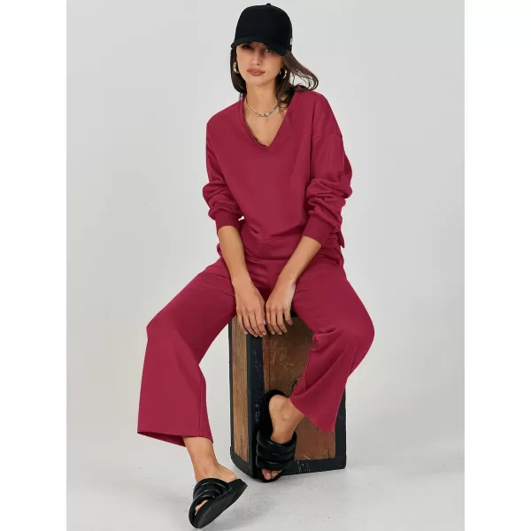 Caracilia Women's Two Piece Outfits Matching Sets Long Sleeve Pullover Tops and Wide Leg Pants Tracksuit Lounge Sets