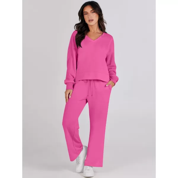 Caracilia Women's Two Piece Outfits Matching Sets Long Sleeve Pullover Tops and Wide Leg Pants Tracksuit Lounge Sets