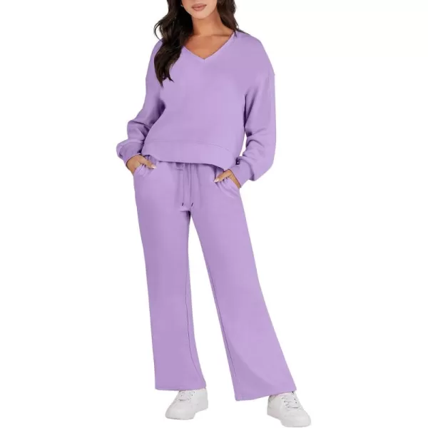 Caracilia Women's Two Piece Outfits Matching Sets Long Sleeve Pullover Tops and Wide Leg Pants Tracksuit Lounge Sets