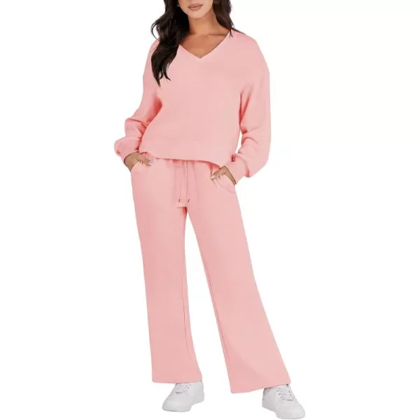 Caracilia Women's Two Piece Outfits Matching Sets Long Sleeve Pullover Tops and Wide Leg Pants Tracksuit Lounge Sets