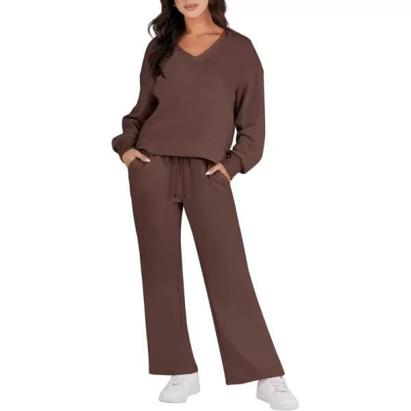 Caracilia Women's Two Piece Outfits Matching Sets Long Sleeve Pullover Tops and Wide Leg Pants Tracksuit Lounge Sets
