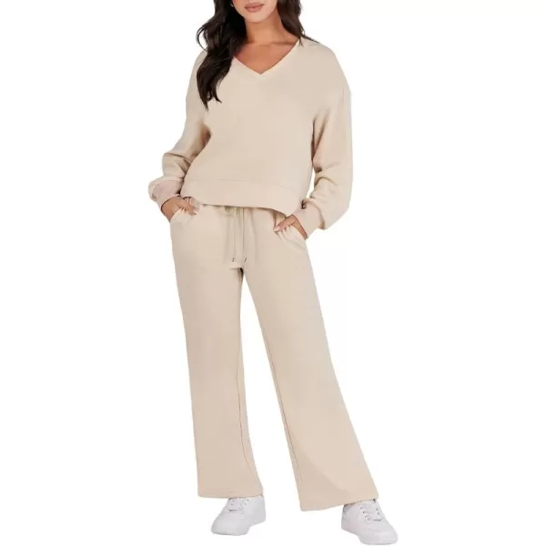 Caracilia Women's Two Piece Outfits Matching Sets Long Sleeve Pullover Tops and Wide Leg Pants Tracksuit Lounge Sets