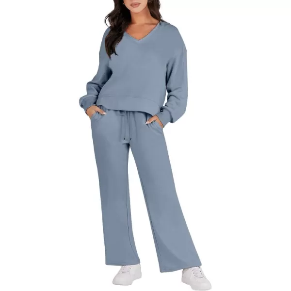 Caracilia Women's Two Piece Outfits Matching Sets Long Sleeve Pullover Tops and Wide Leg Pants Tracksuit Lounge Sets