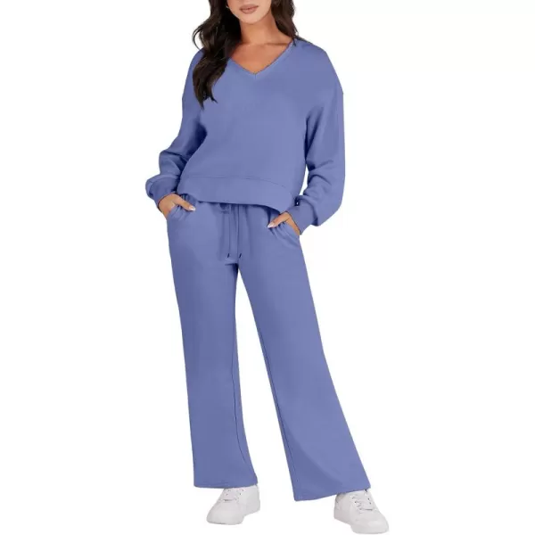 Caracilia Women's Two Piece Outfits Matching Sets Long Sleeve Pullover Tops and Wide Leg Pants Tracksuit Lounge Sets