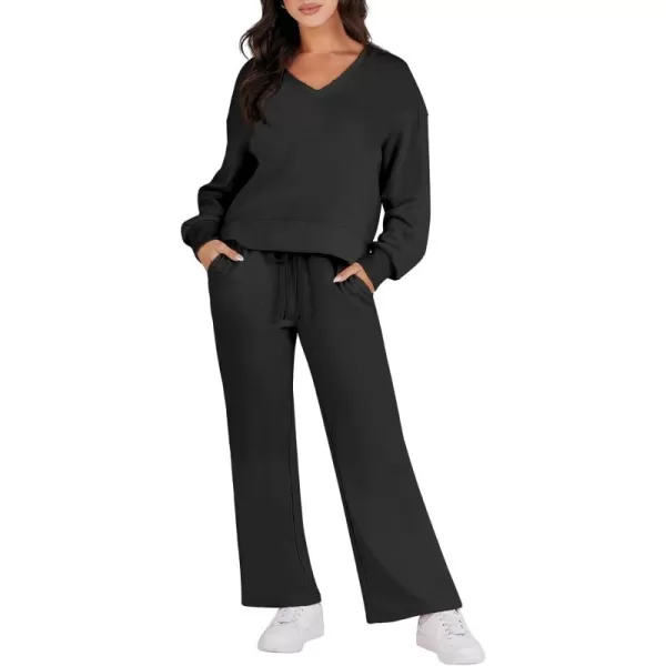 Caracilia Women's Two Piece Outfits Matching Sets Long Sleeve Pullover Tops and Wide Leg Pants Tracksuit Lounge Sets