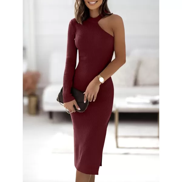Caracilia Women 2023 Fall Sweater Dress Sexy One Shoulder Long Sleeve Ribbed Knit Side Slit Bodycon Midi Dresses
