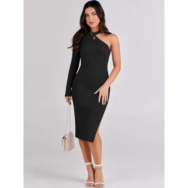 Caracilia Women 2023 Fall Sweater Dress Sexy One Shoulder Long Sleeve Ribbed Knit Side Slit Bodycon Midi Dresses