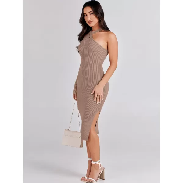 Caracilia Women 2023 Fall Sweater Dress Sexy One Shoulder Long Sleeve Ribbed Knit Side Slit Bodycon Midi Dresses