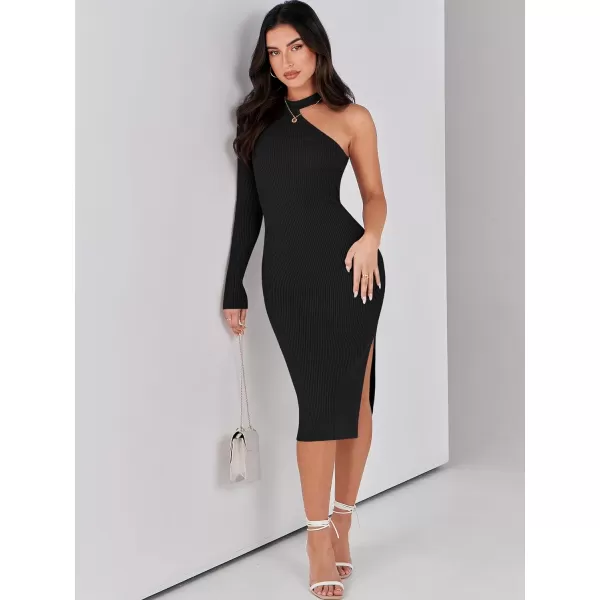 Caracilia Women 2023 Fall Sweater Dress Sexy One Shoulder Long Sleeve Ribbed Knit Side Slit Bodycon Midi Dresses