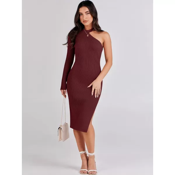 Caracilia Women 2023 Fall Sweater Dress Sexy One Shoulder Long Sleeve Ribbed Knit Side Slit Bodycon Midi Dresses