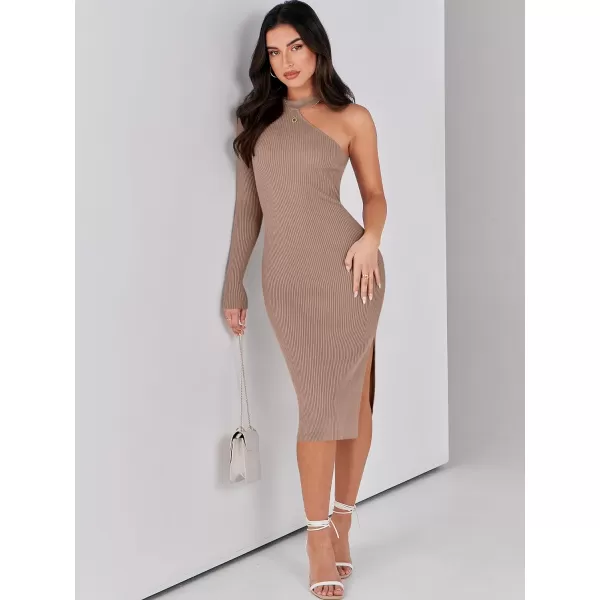 Caracilia Women 2023 Fall Sweater Dress Sexy One Shoulder Long Sleeve Ribbed Knit Side Slit Bodycon Midi Dresses