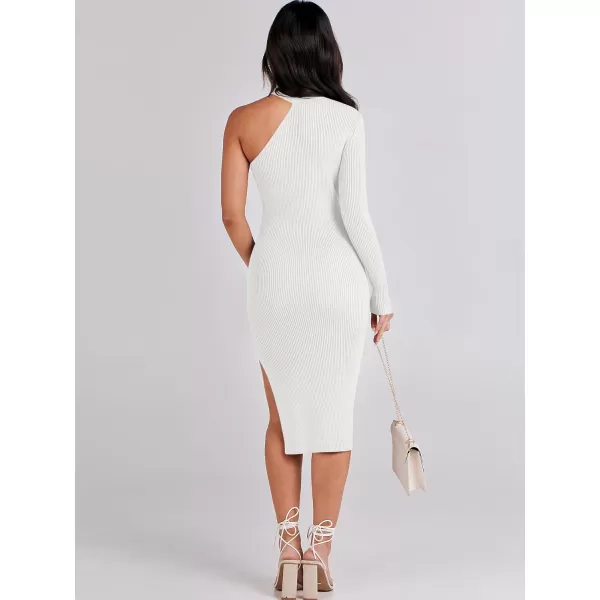 Caracilia Women 2023 Fall Sweater Dress Sexy One Shoulder Long Sleeve Ribbed Knit Side Slit Bodycon Midi Dresses